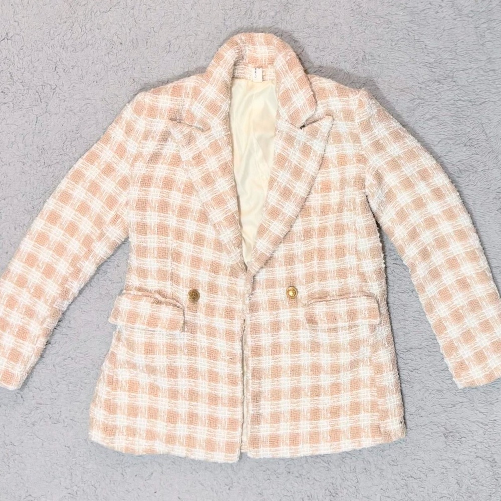 Pink and White Tweed Chicwish Blazer with Gold Buttons